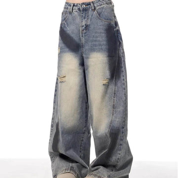Splash Ink Ripped Machete Baggy Jeans Pant For Women Loose-fitting Wide-leg Trousers