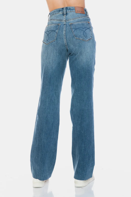 Judy Blue Full Size Tummy Control Cut Raw Hem Straight Jeans - Velora