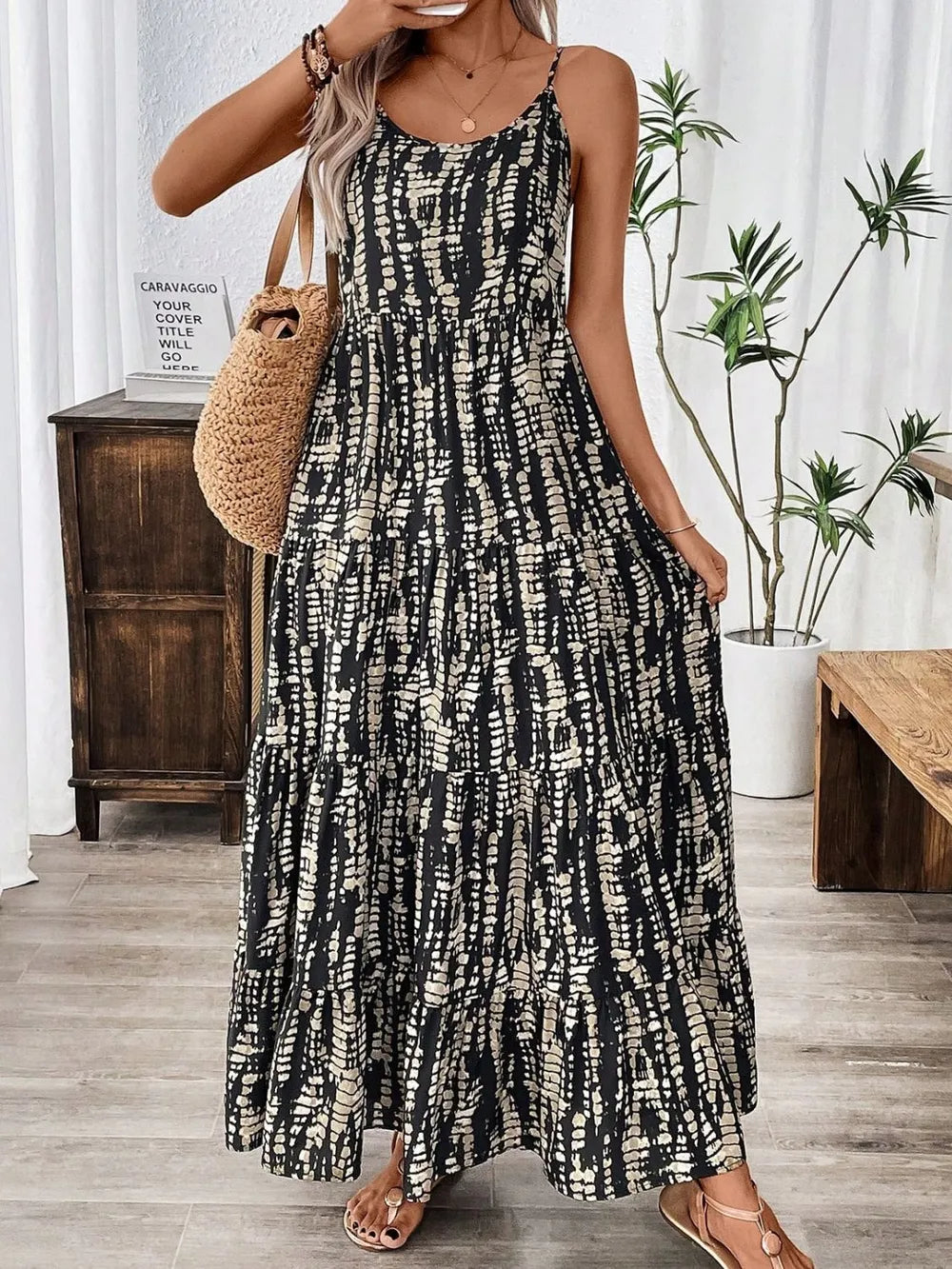 Printed Scoop Neck Maxi Cami Dress - Velora