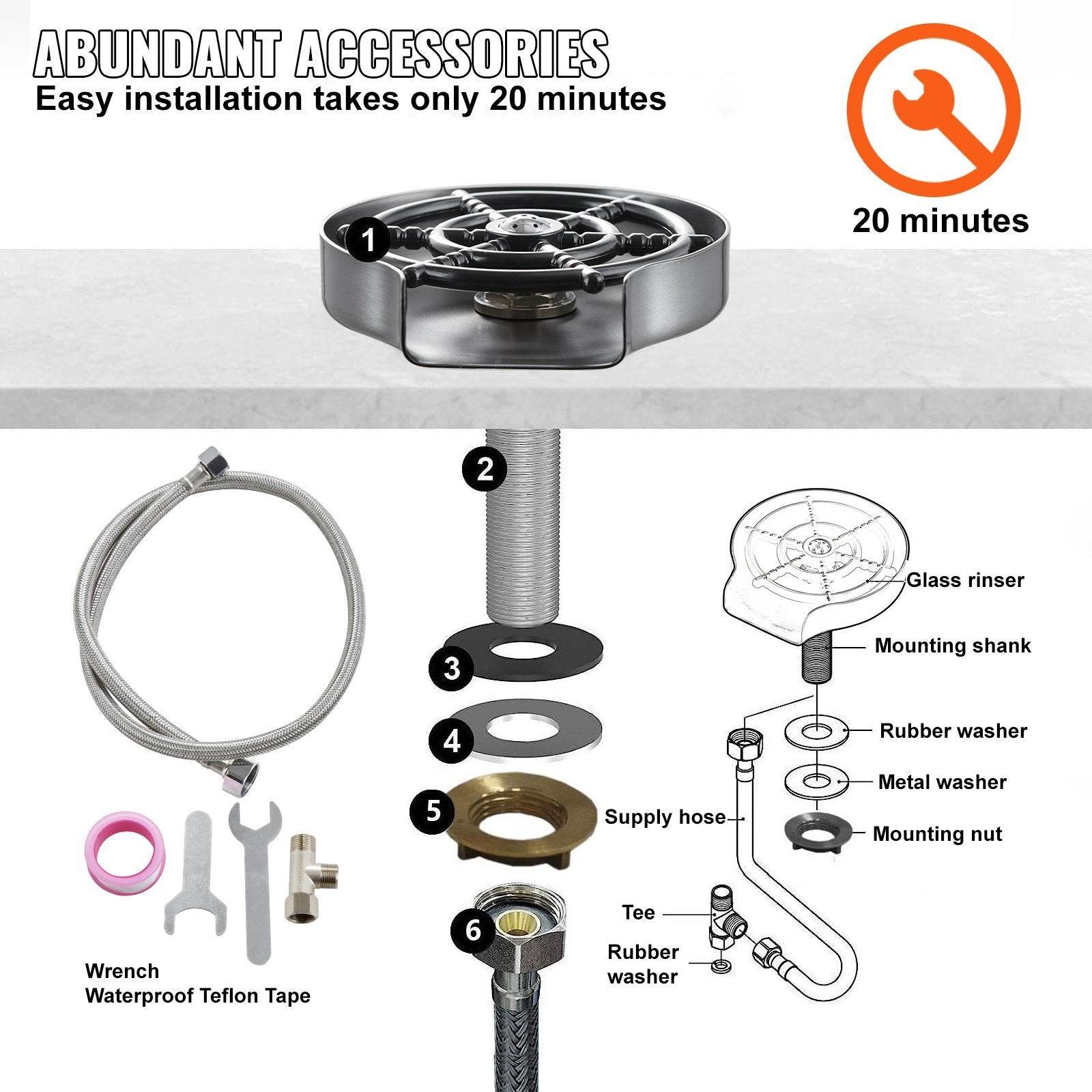 Glass Rinser, 10 Powerful Spraying Jets 360 Rotating Cup Rinser For Sink, 304 Stainless Steel Faucet Cup Washer With ABS Cup Holder For Baby Bottle, Glass Cup, Wine Glass - Velora