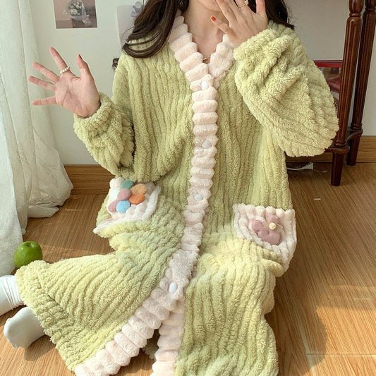 Winter Coral Fleece Women's Cardigan Long-sleeved Pajamas - Velora