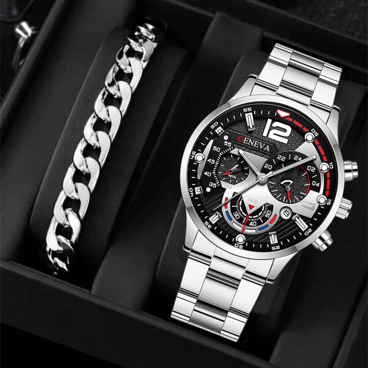 2pcs Men's New Popular Steel Strip Fashion Business Three Eye Quartz Watch Bracelet Set Valentine's Day Gifts - Velora