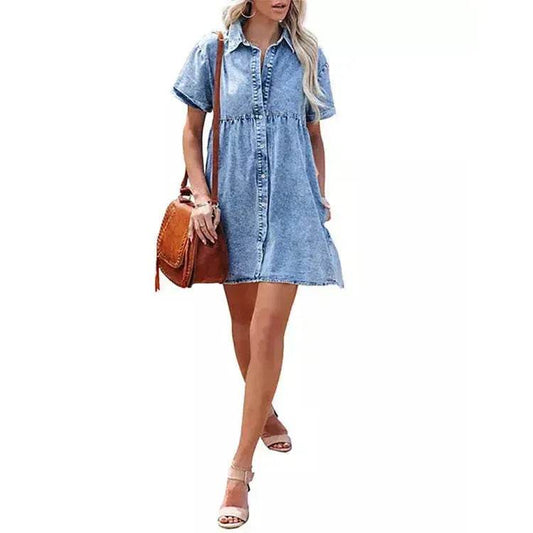 European And American Washed Denim Lapel Ruffled Denim Dress Jeans Flared dress Casual Denim mini dress - Velora