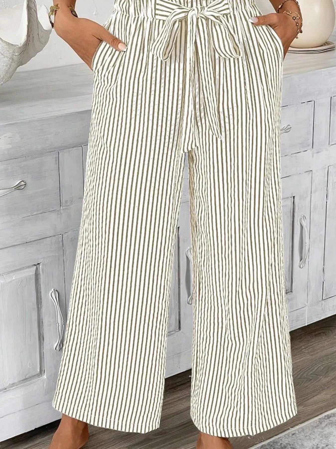 Full Size Striped Wide Leg Paper Bag Pants Plus Size - Velora