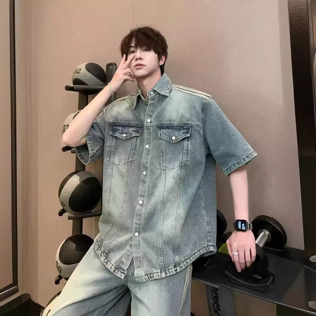 Retro Side Three Bar Stripes Short Sleeve Denim Shirt Outfit Men Jeans - Velora