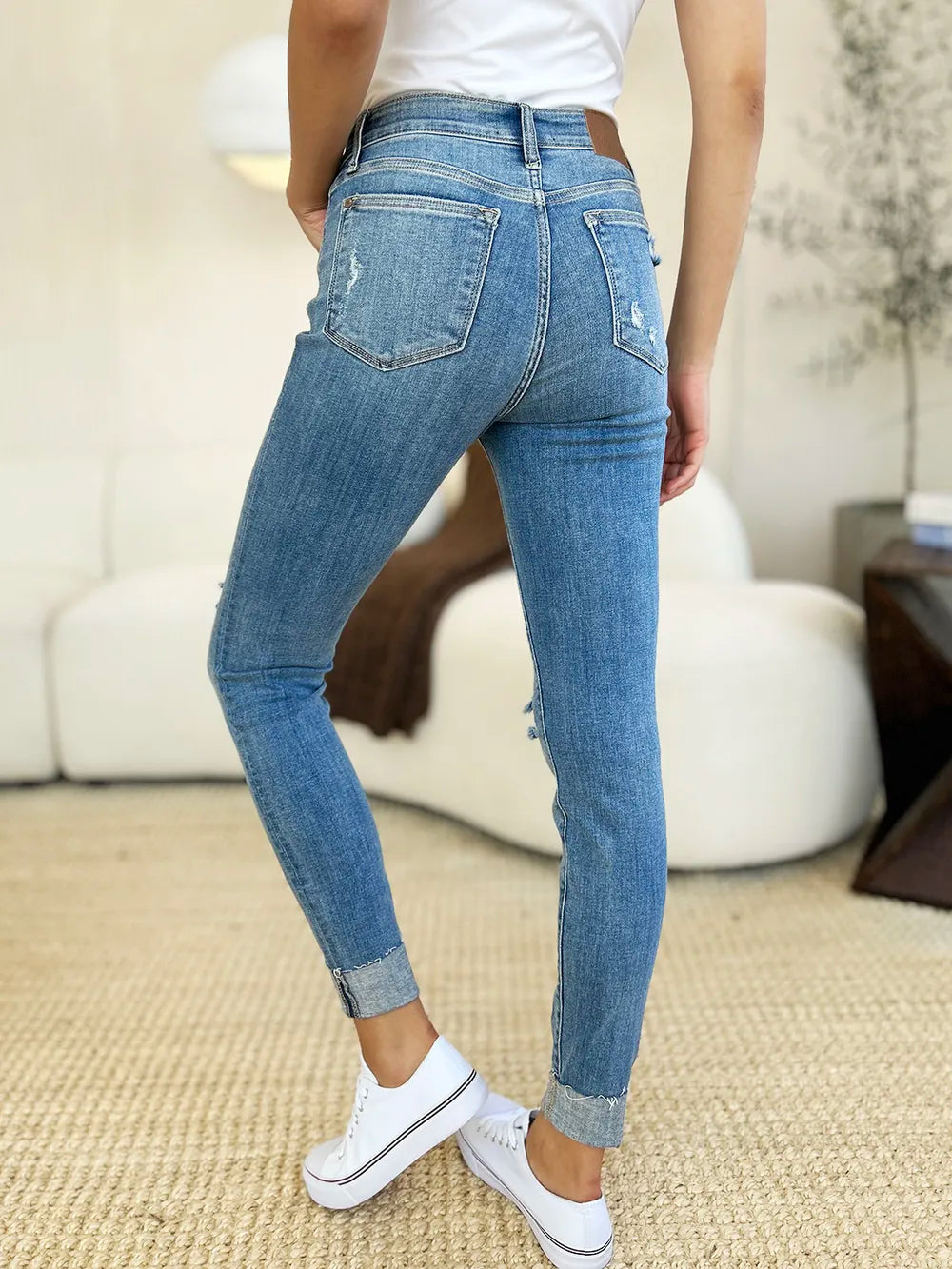 Judy Blue Full Size Mid Rise Destroy & Cuff Skinny Jeans - Velora