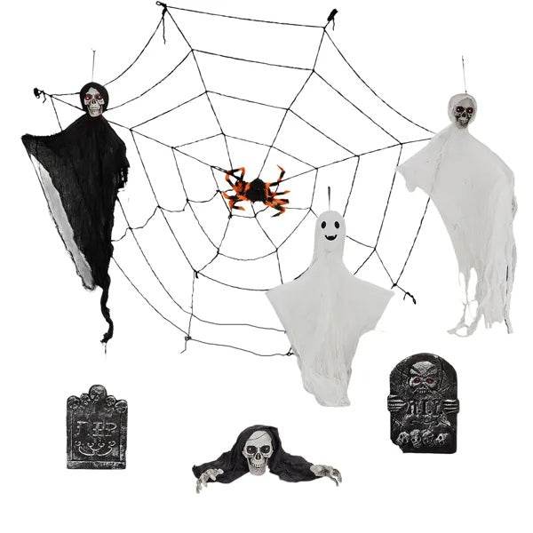Outdoor Halloween Decorations 8-Piece Set, Hanging Ghosts Decor And Cobweb And Gravestone With Lighted Up Eyes, Scary Swinging Ghost Flying For Yard Patio Lawn Garden - Velora