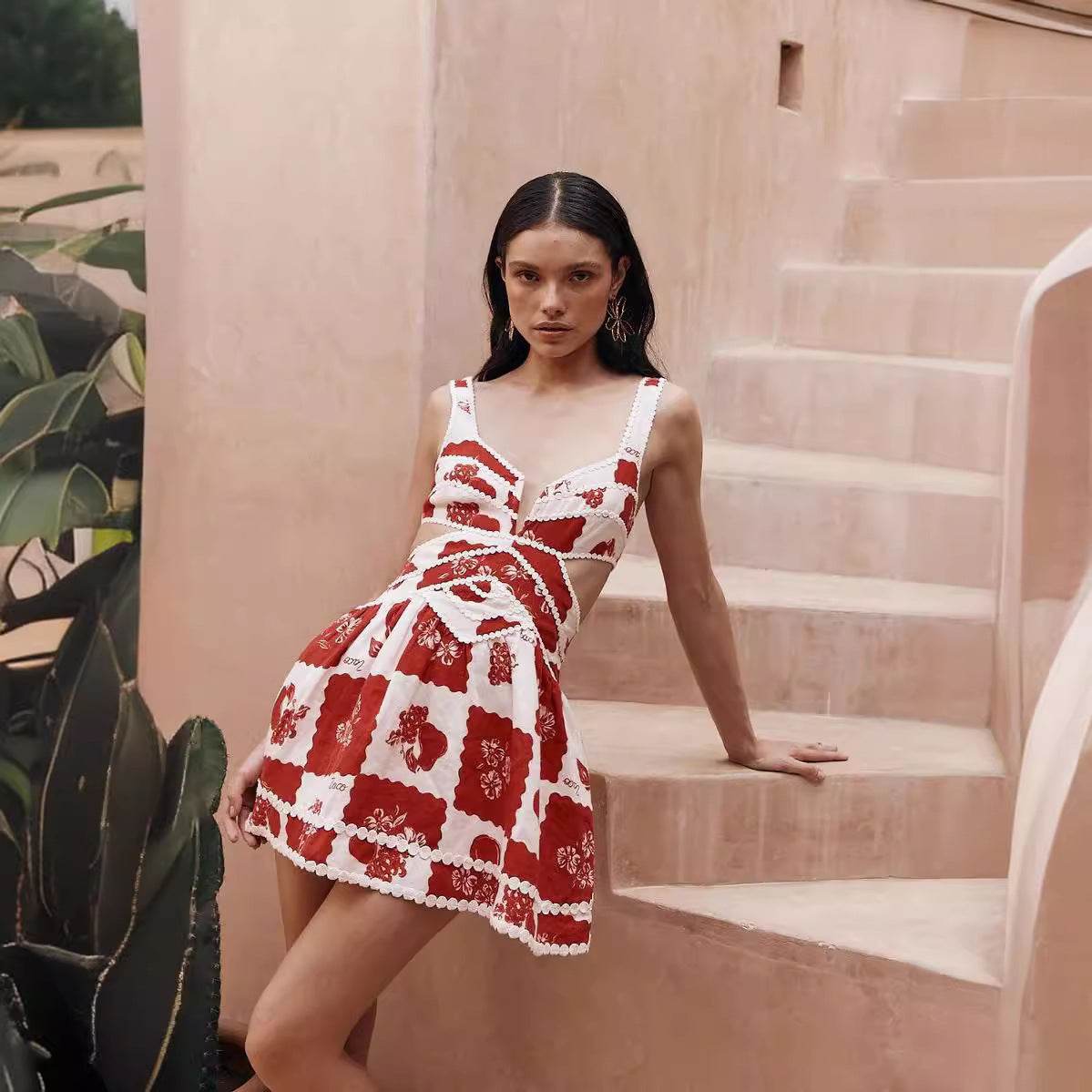 Women's Flower Print Lace Sling Dress Fashion V-neck Waist-baring Skirt Summer Clotjing - Velora