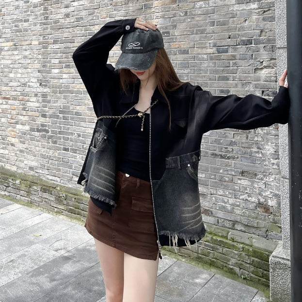 Denim Jacket Coat Loose Fit Color Matching Design - Velora