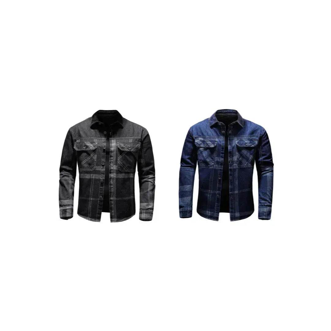 Fashion Plaid Denim Long-sleeved mens denim shirt Slim fit Jeans Shirt for men Denim top for men - Velora