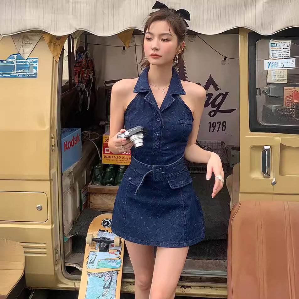 Mini Sleeveless Sheath Denim jeans halter neck Dress - Velora