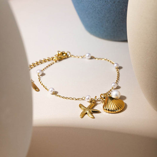 Fashion Jewelry 18K Gold Stainless Steel Pearl Chain Summer Holiday Shell Starfish Pendant Bracelet - Velora