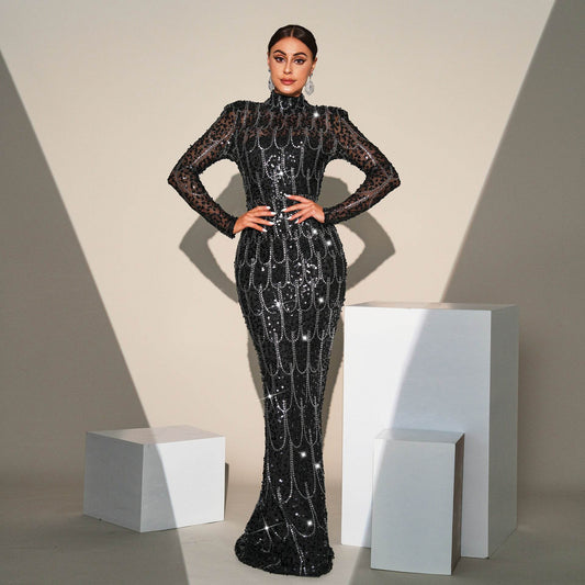 Long Sleeve Round Neck Slim-fit Sequined Banquet Evening Dress - Velora