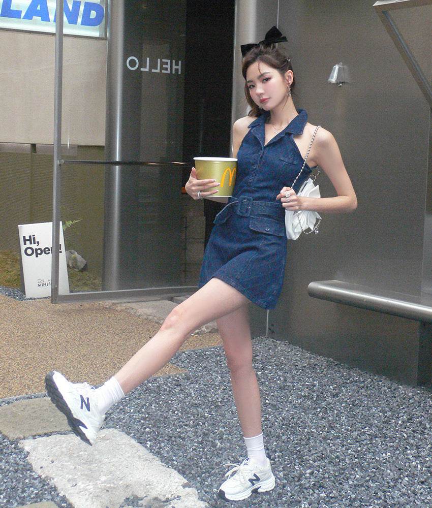 Mini Sleeveless Sheath Denim jeans halter neck Dress - Velora