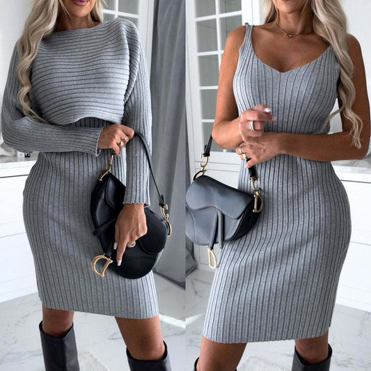 2pcs Suit Women's Solid Stripe Long-sleeved Top And Tight Suspender Skirt Fashion Autumn Winter Slim Clothing https://like2b-uy
