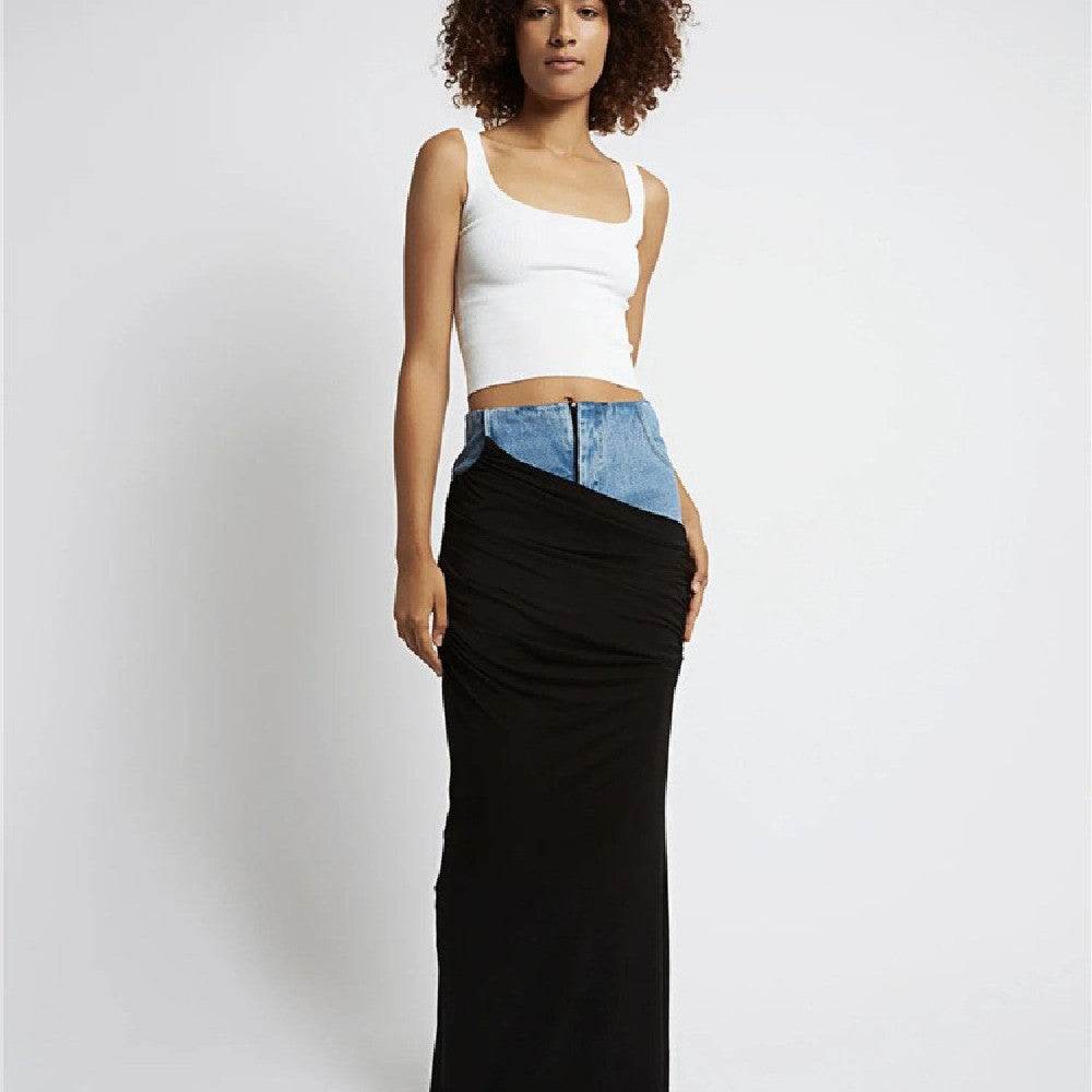 Fashion Black Panel Long Pencil Denim Skirt - Velora