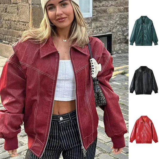 Oversized Fashion Zip-up Lapel Leather Jacket for women - Velora