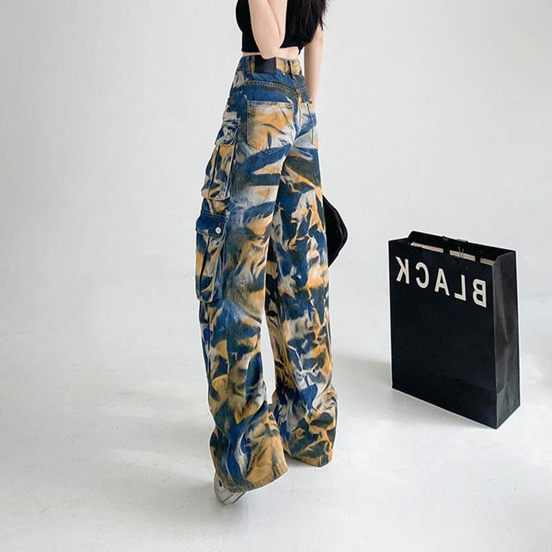 New Tie-dye Baggy CargoTrousers With Pockets Y2K Fashion High Waist Loose Wide Leg Pants Spring And Autumn - Velora