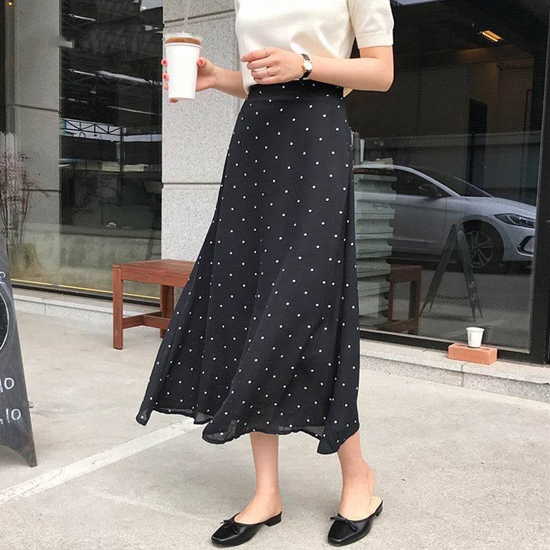 Polka dot High waist Chiffon Flowy Midi skirt women - Velora