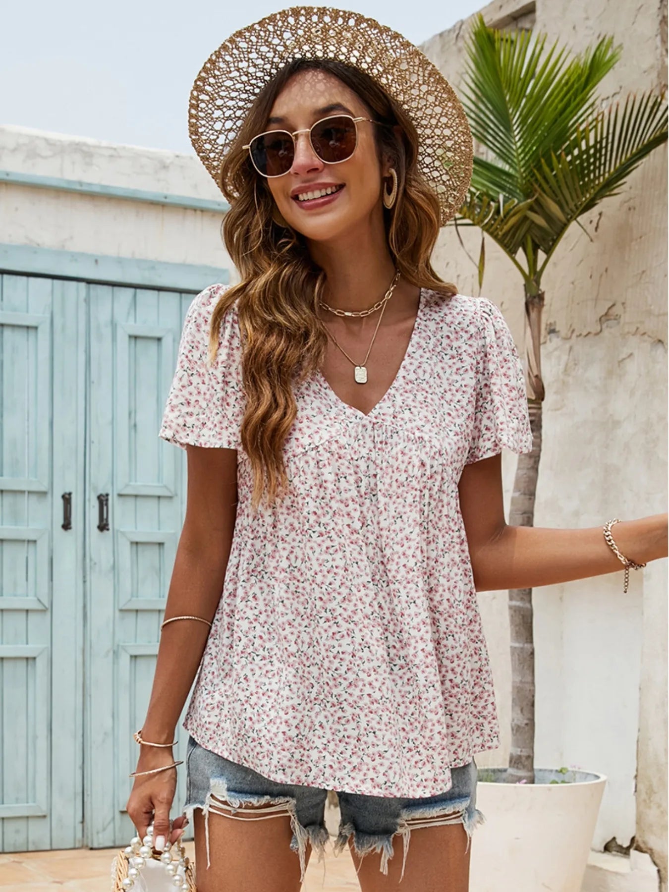 Floral Print V-neck Flutter Sleeve Babydoll Blouse - Velora