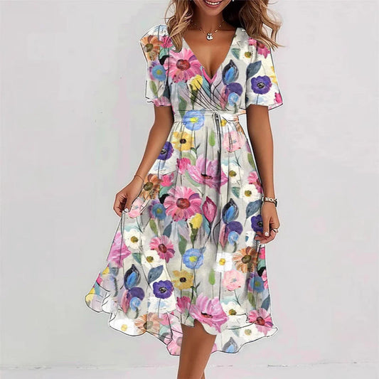Flowers Printed V-neck Dress Summer A-line Short-sleeved Dresses For Women Velora