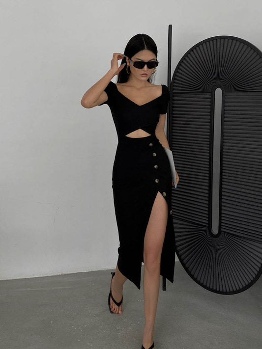 Slim And Hollow Niche Design High Slit Bag Hip Midi dress - Velora