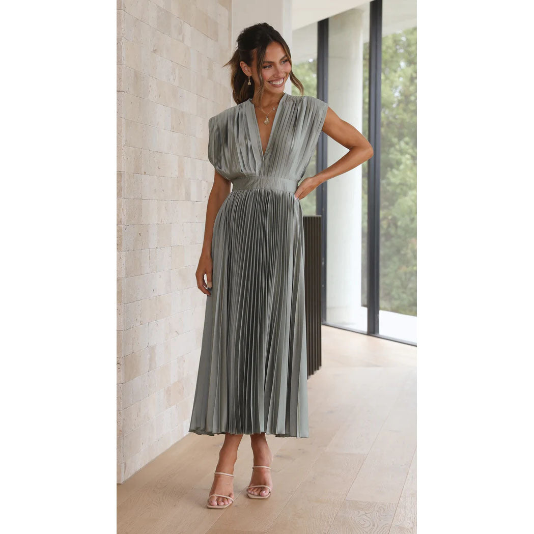 Women's V-Neck Pleated Midi Dress – Sleeveless Zip Casual Summer Dress