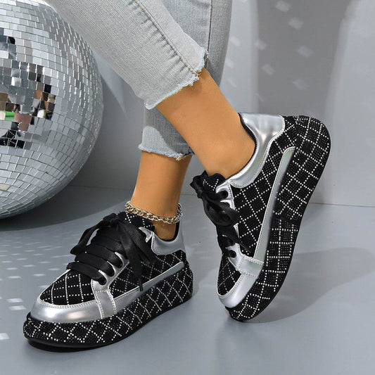 Fashion Rhinestone Flats Shoes Versatile Thick-soled Lace-up Casual Shoes Women's Sneakers - Velora