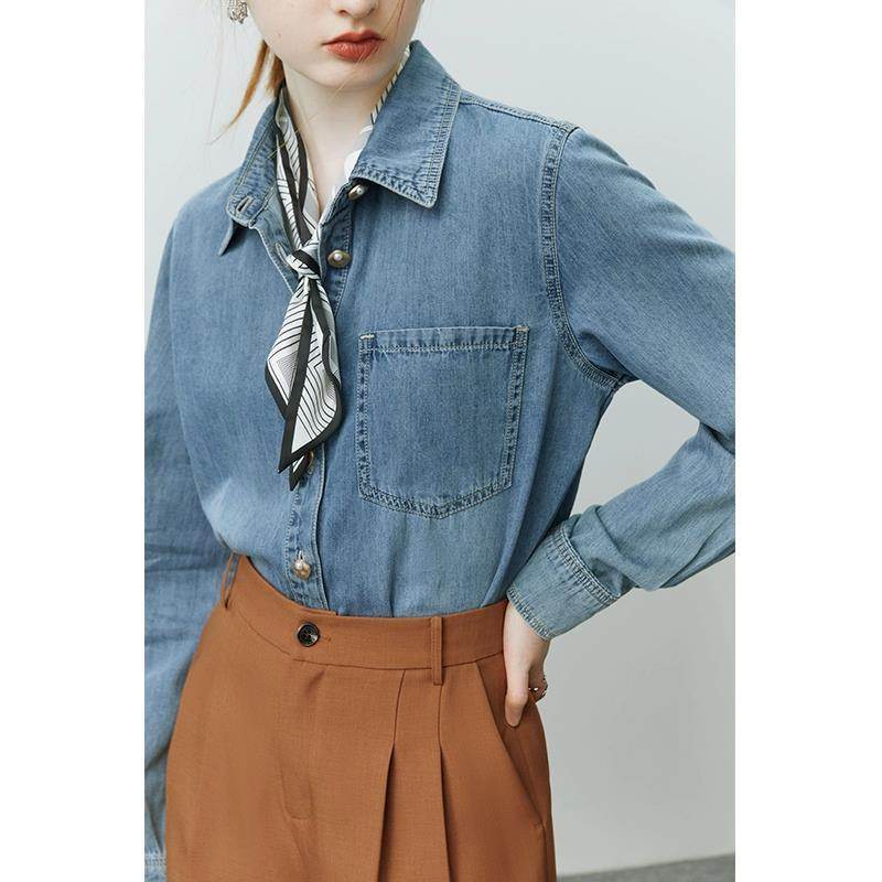 Blue Soft Denim Shirt Jacket Women's Long Sleeve Bandage Denim Dress Top - Velora