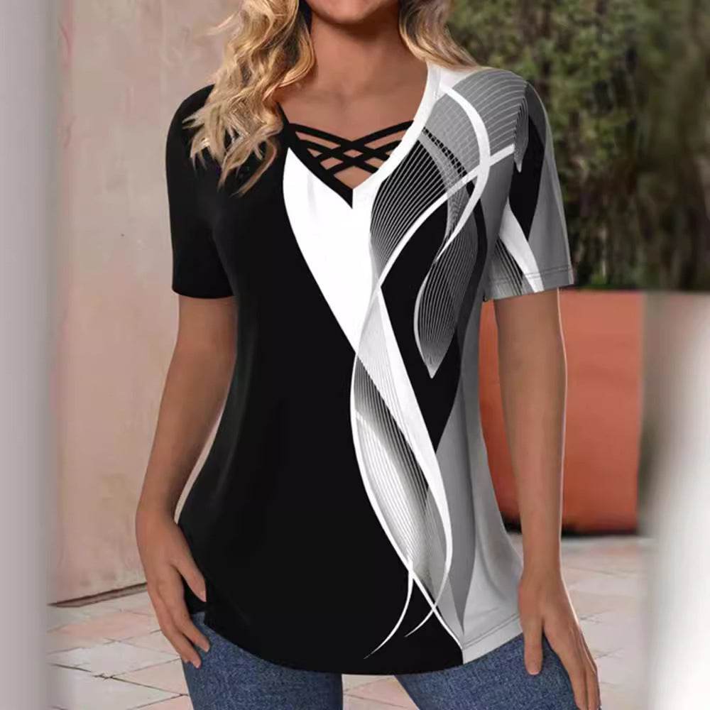 Fashion Printed V-neck Short-sleeved tunic Top For Women - Velora