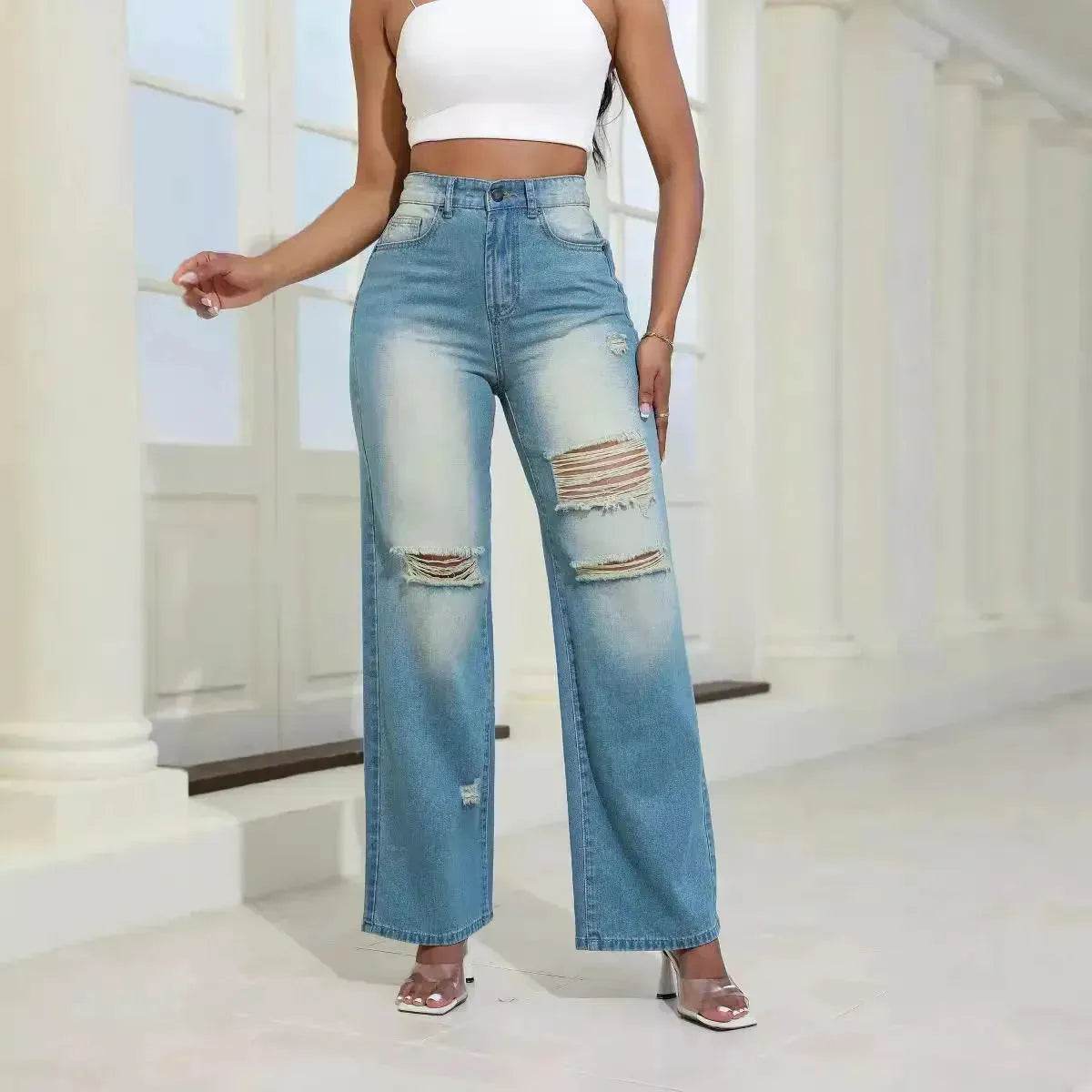 Fashion High Waist Ripped Jeans pants With Pockets Comfortable Slim Fit Denim Trousers Straight Wide-leg jeans Pants - Velora