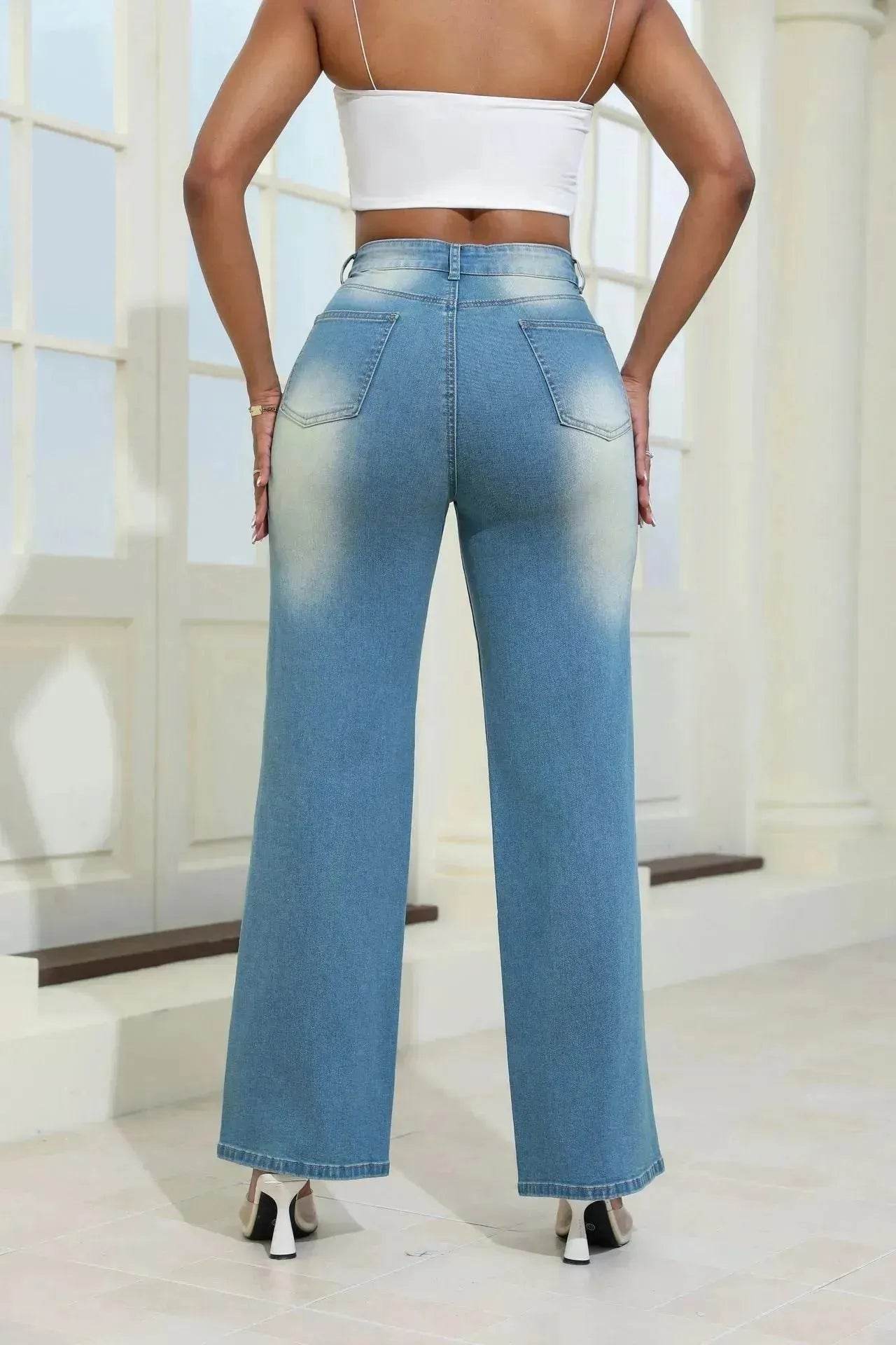 Fashion High Waist Ripped Jeans pants With Pockets Comfortable Slim Fit Denim Trousers Straight Wide-leg jeans Pants - Velora