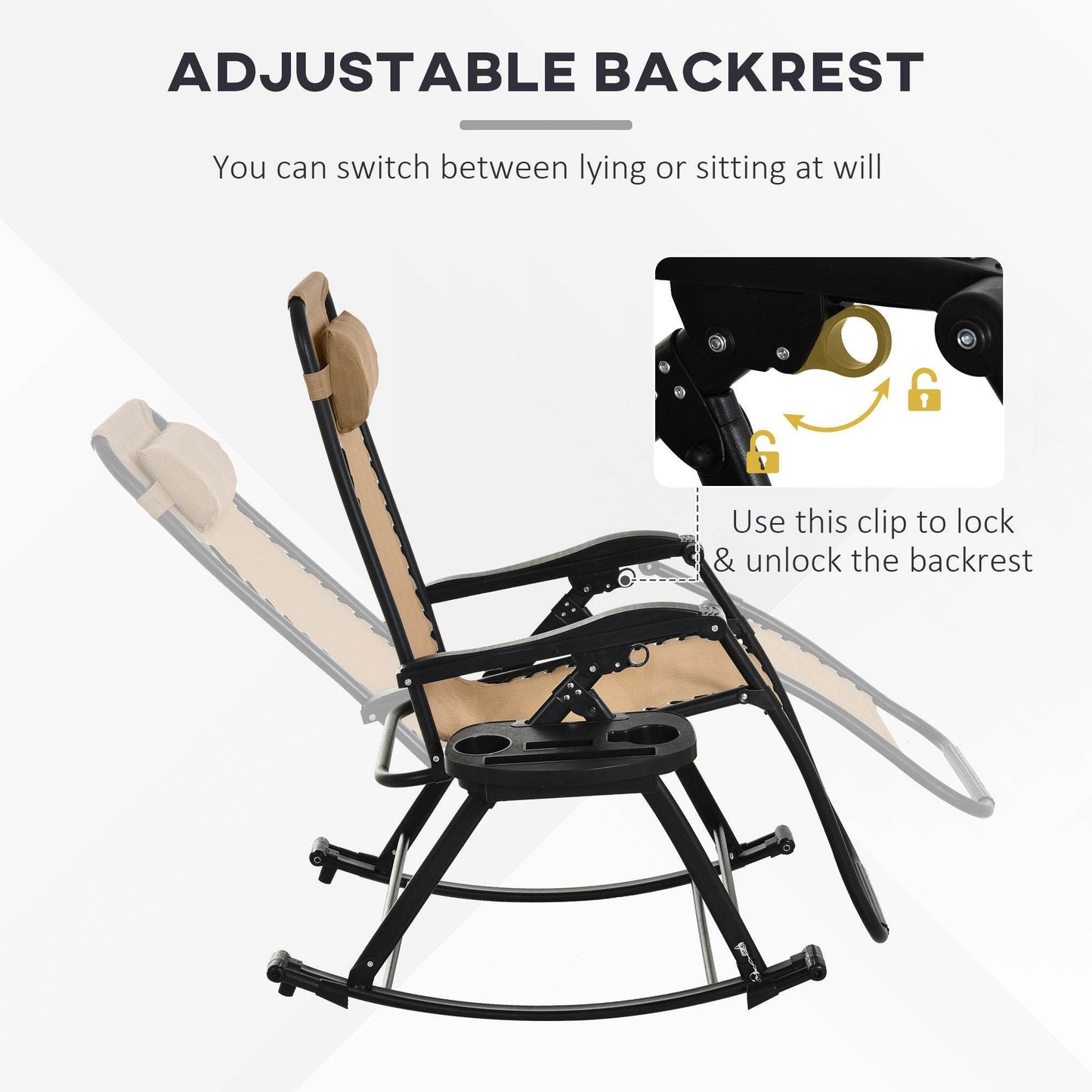 Ergonomic Recline Beige Zero Gravity Rocker With Headrest, Tray Phone Holder - Velora