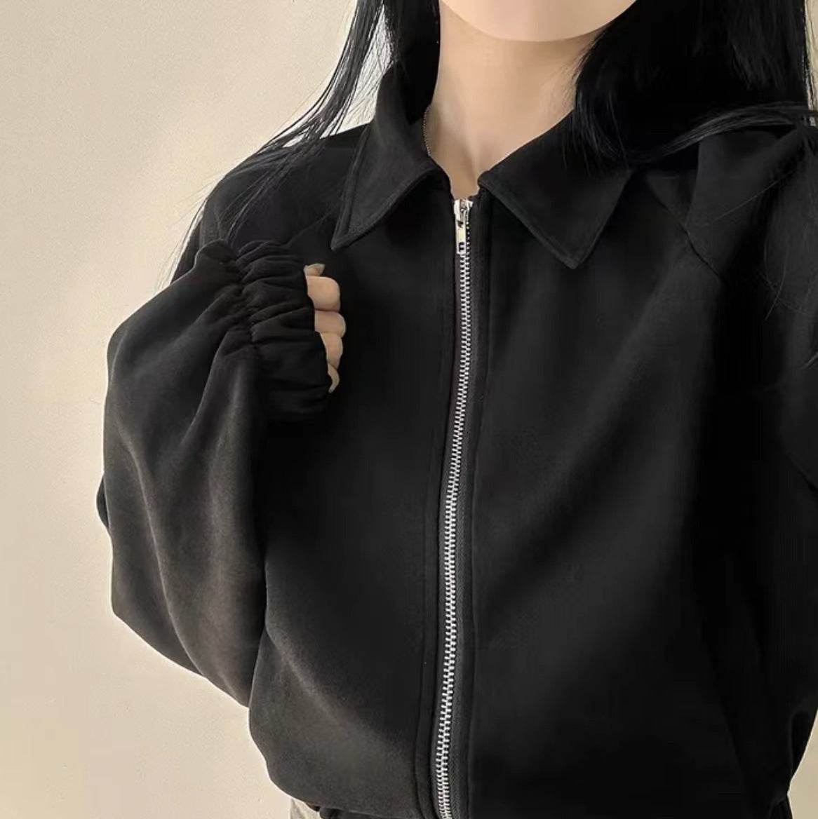 French Vintage Lapel Zip-up Suede Feeling Loose With Long Sleeves Short - Velora