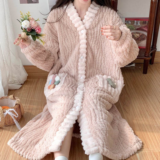Winter Coral Fleece Women's Cardigan Long-sleeved Pajamas - Velora