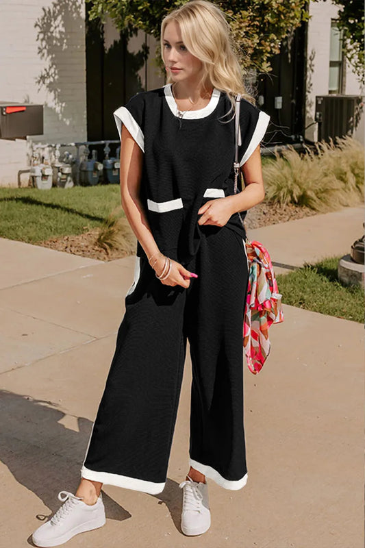 Oh Texture Contrast Trim Round Neck Cap Sleeve Top and Pants Set - Velora