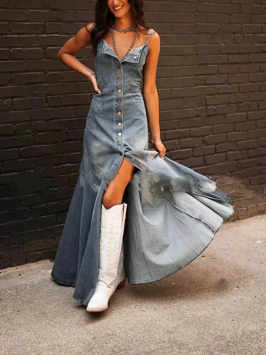 Ins Women's Summer Vintage Denim Large Swing Dress Denim Dress outfit - Velora