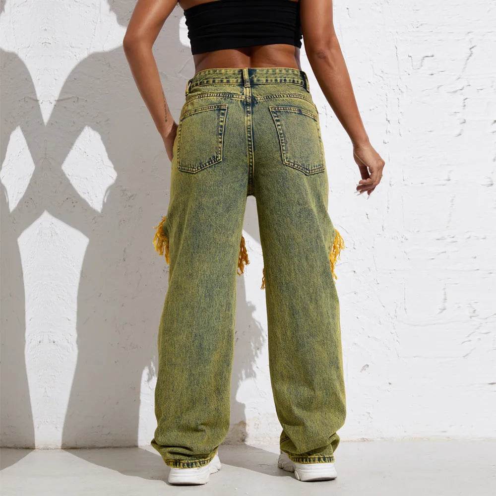 Shascullfites Melody Yellow Wash Streetwear Split Loose Straight Ripped Baggy Jeans Y2K Retro Women Denim Pants - Velora