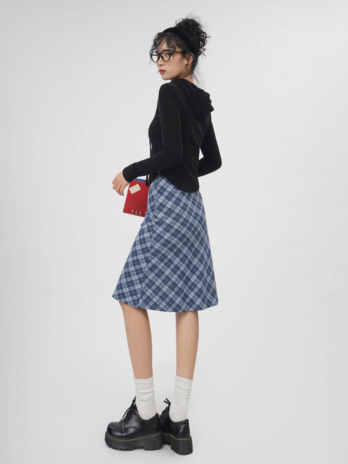 Plaid A- Line Skirt Women's High Waist student Midi Skirt - Velora