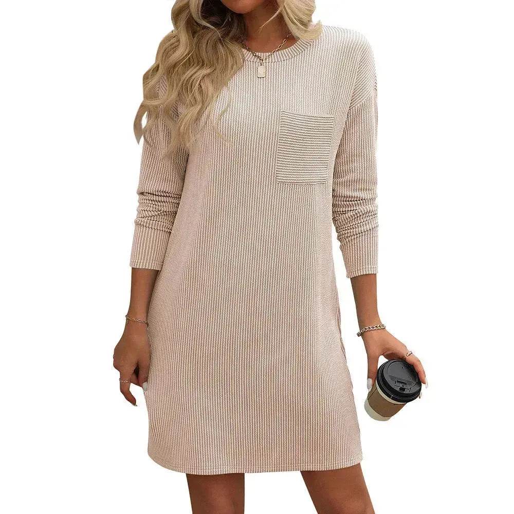 Casual New Solid Color Striped With Pockets Long Sleeve Loose Mini Dress Fashion Round Neck Straight Dress Women's Clothing - Velora