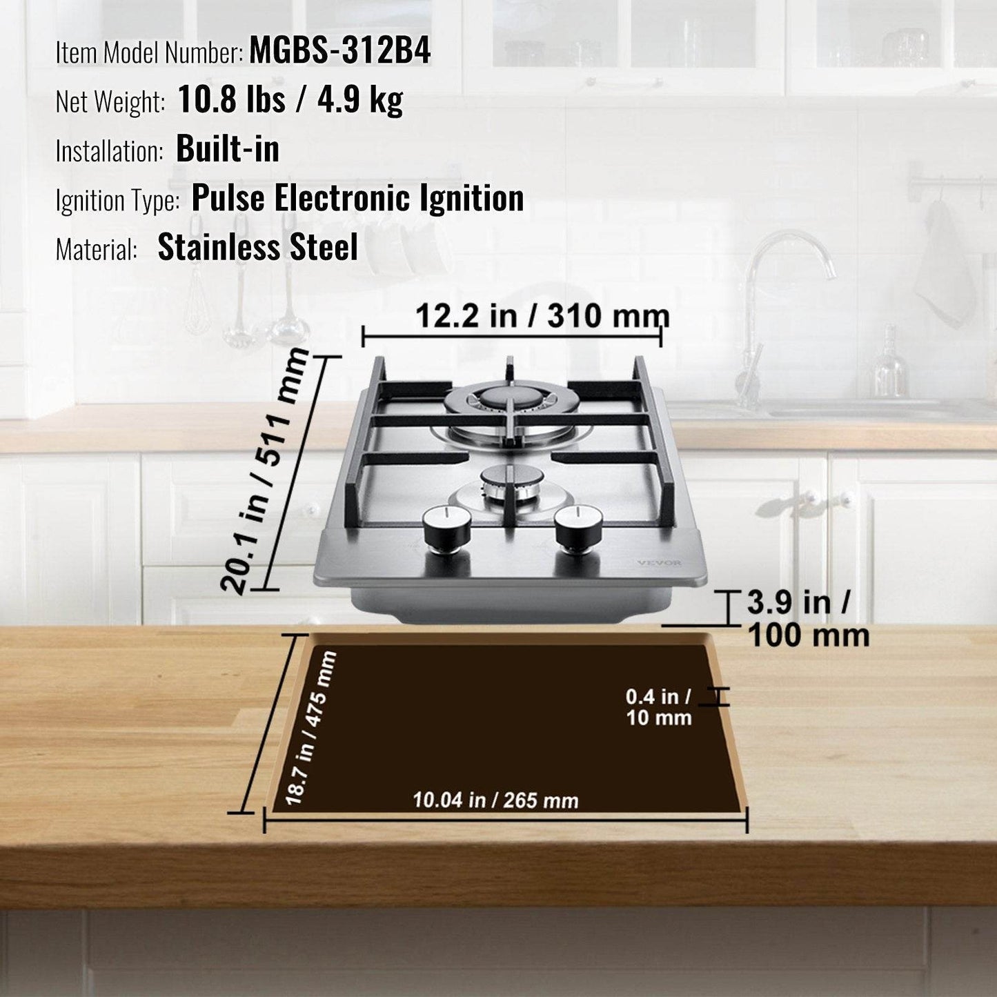 Gas Cooktop 12 Inch, Max 12250BTU 2 Burners Built-in Stainless Steel Gas Stove Top, LPG NG Convertible Dual Fuel Natural Gas Hob With Thermocouple Protection - Velora