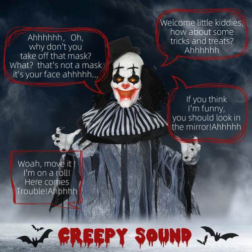 HOMCOM 6 Life Size Outdoor Halloween Decoration, Classic Black And White Striped Clown Animatronic, Sound And Motion Activated Animated Prop With Light Up Eyes Sounds - Velora