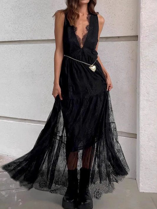 Lace Deep V-Neck Maxi Dress - Velora