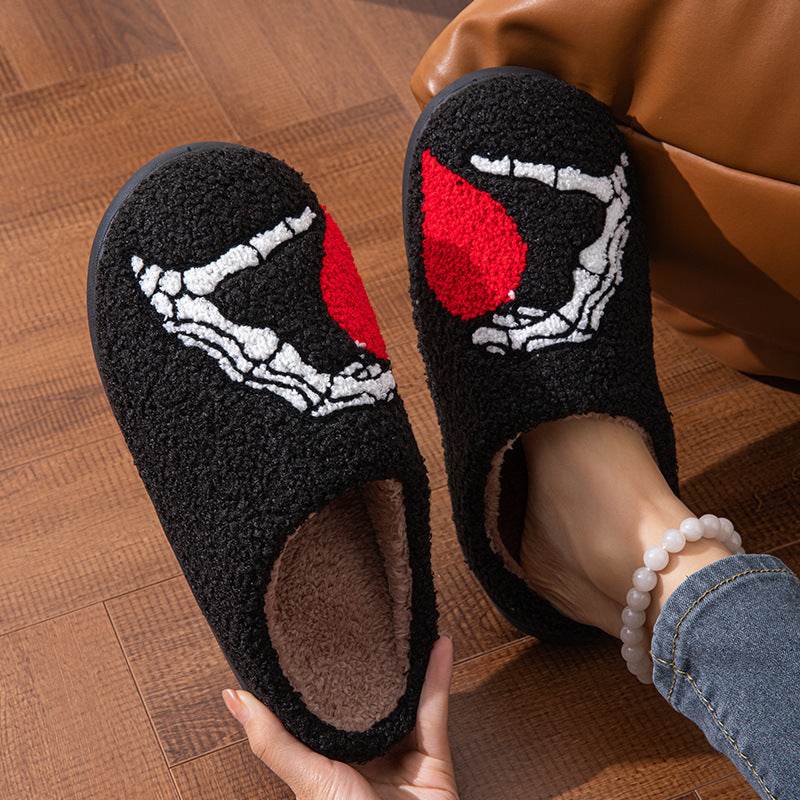 Funny Halloween Love Skull-hand Slippers Home Non-slip Soft Bottom Cotton Floor Bedroom Slippers Winter Warm House Shoes For Women Men - Velora