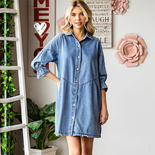 Three-quarter Sleeve Denim Dress Women's Casual Ruffles - Velora