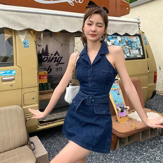 Mini Sleeveless Sheath Denim jeans halter neck Dress - Velora