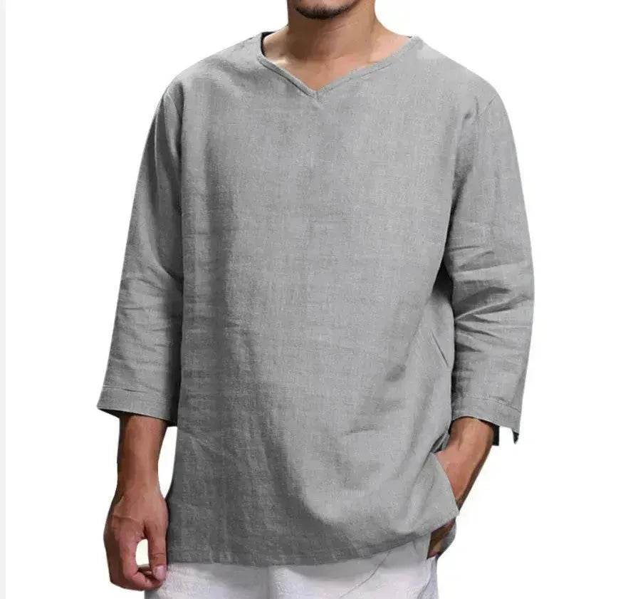 Loose Casual V-neck Top Cotton And Linen Long Sleeve Pullover Shirt Men's Shirt Top - Velora