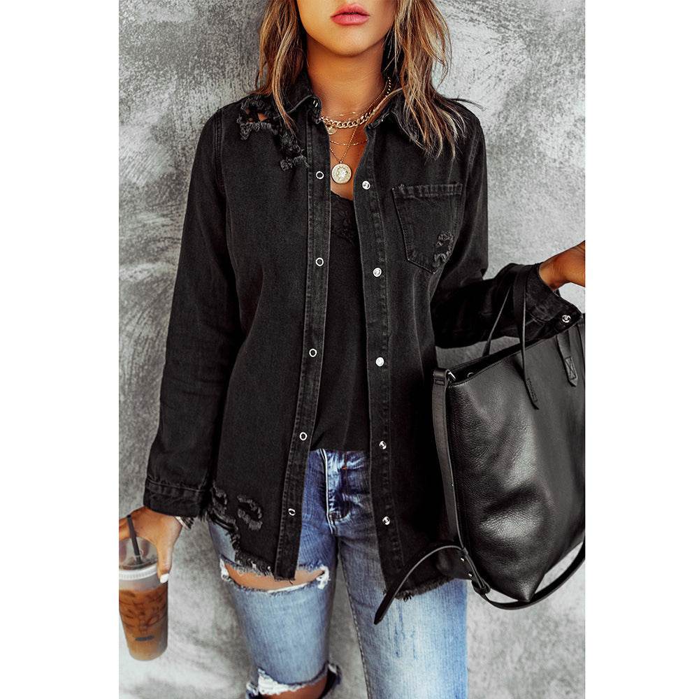 Long Sleeve Jeans Jacket Loose Fit Mid-Length Black - Velora
