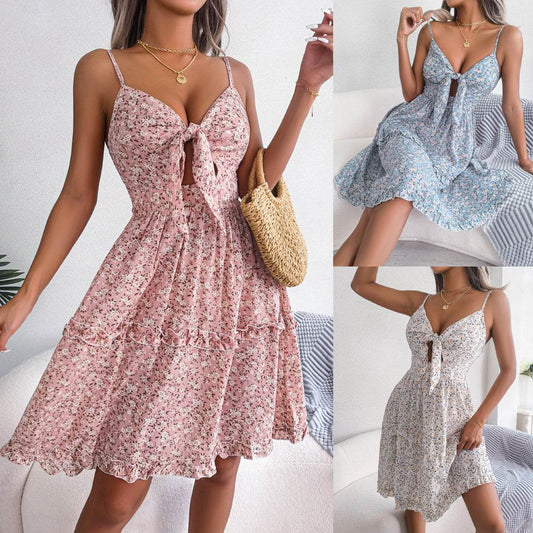 Spring And Summer Floral Bow V-neck Ruffled Large Swing Dress - Velora
