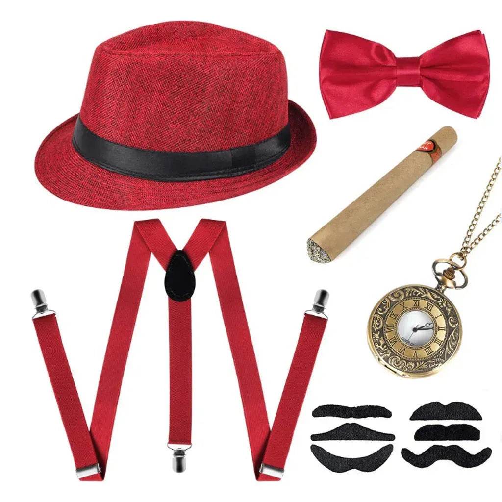 Party Men's Top Hat Pipe Pocket Watch Strap Tie Fake Cigar Set - Velora